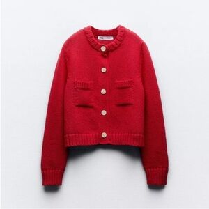 Zara | Red Cropped Button-Front Knit Cardigan